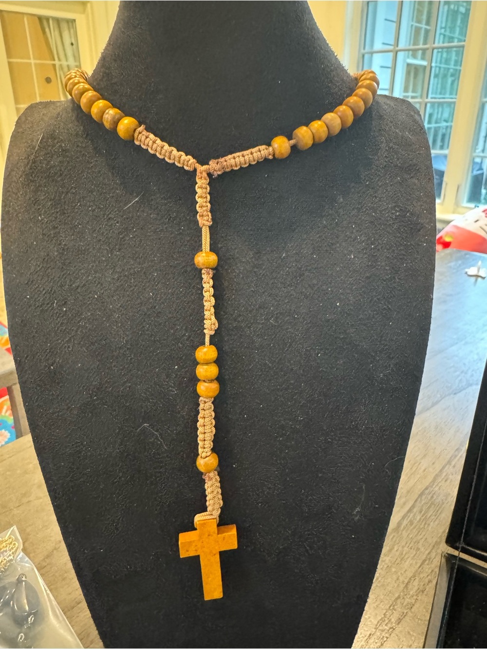Wood Bead Cross Necklace Brown Woven Cord Religious Christian Boho Jewelry